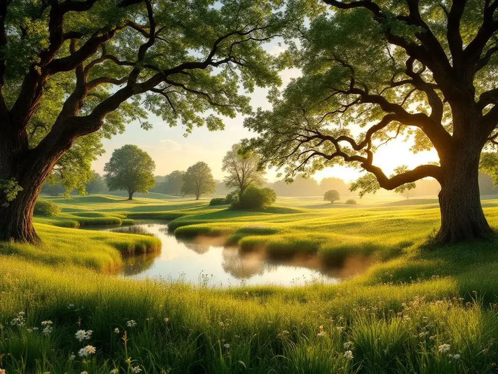 Nederlandse landschap met groene weiden, eikenbomen en vijver in gouden avondlicht, mist stijgt op van wateroppervlak