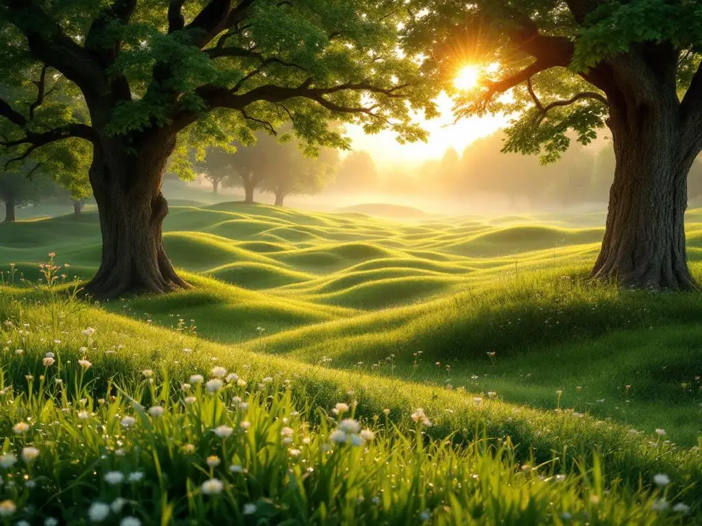 Nederlandse weilanden met wilde bloemen in ochtendlicht, eikenbomen en kiemende plantjes op voorgrond