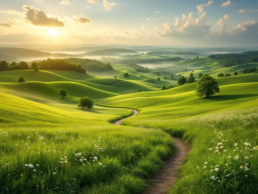 Nederlandse landschap met groene weilanden, wilde bloemen en kronkelend pad naar beboste heuvels in zachte ochtendmist