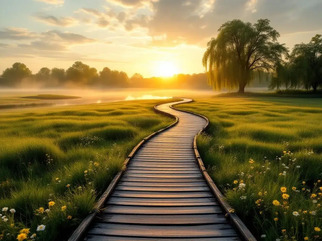 Houten wandelpad dat splitst in Nederlandse weide met wilde bloemen, kanaal en wilgenbomen tijdens gouden uur