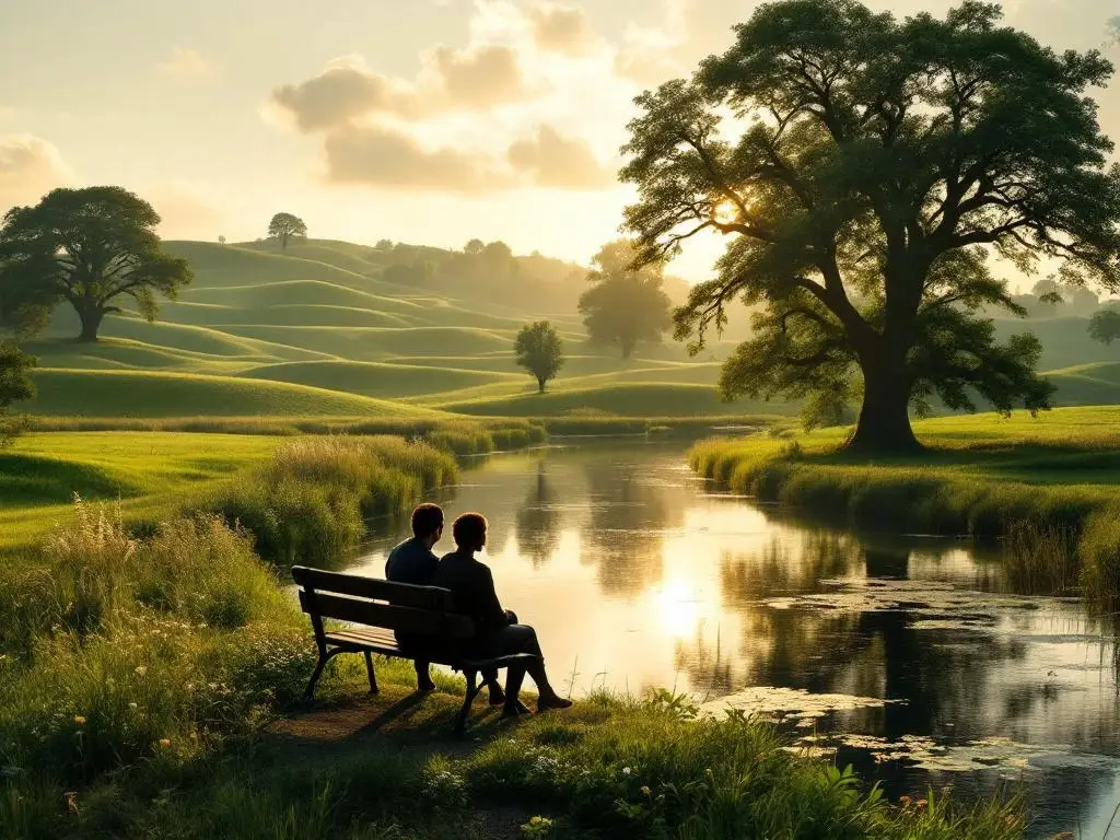 Twee personen in gesprek op bankje naast Nederlandse kanaal met groene weilanden en eikenbomen in gouden avondlicht