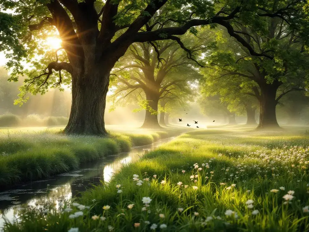 Serene Nederlandse landschap met groene weiden, wilde bloemen, eikenbomen en gouden kanaal in ochtendlicht