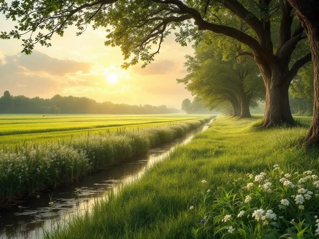 Serene Nederlands landschap met groene weiden, wilde bloemen, rustige kanaal en eikenbomen onder gouden avondlicht