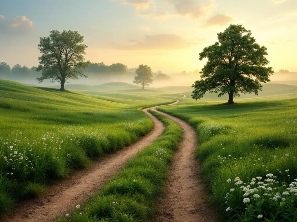 Nederlandse landschap met groene weiden en gesplitst pad onder gouden hemel, symboliseert persoonlijke en professionele groei