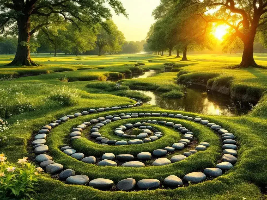Nederlandse landschap met groene weiden, eikenbomen en kanaal in ochtendlicht, met spiraalpatroon van stenen op voorgrond