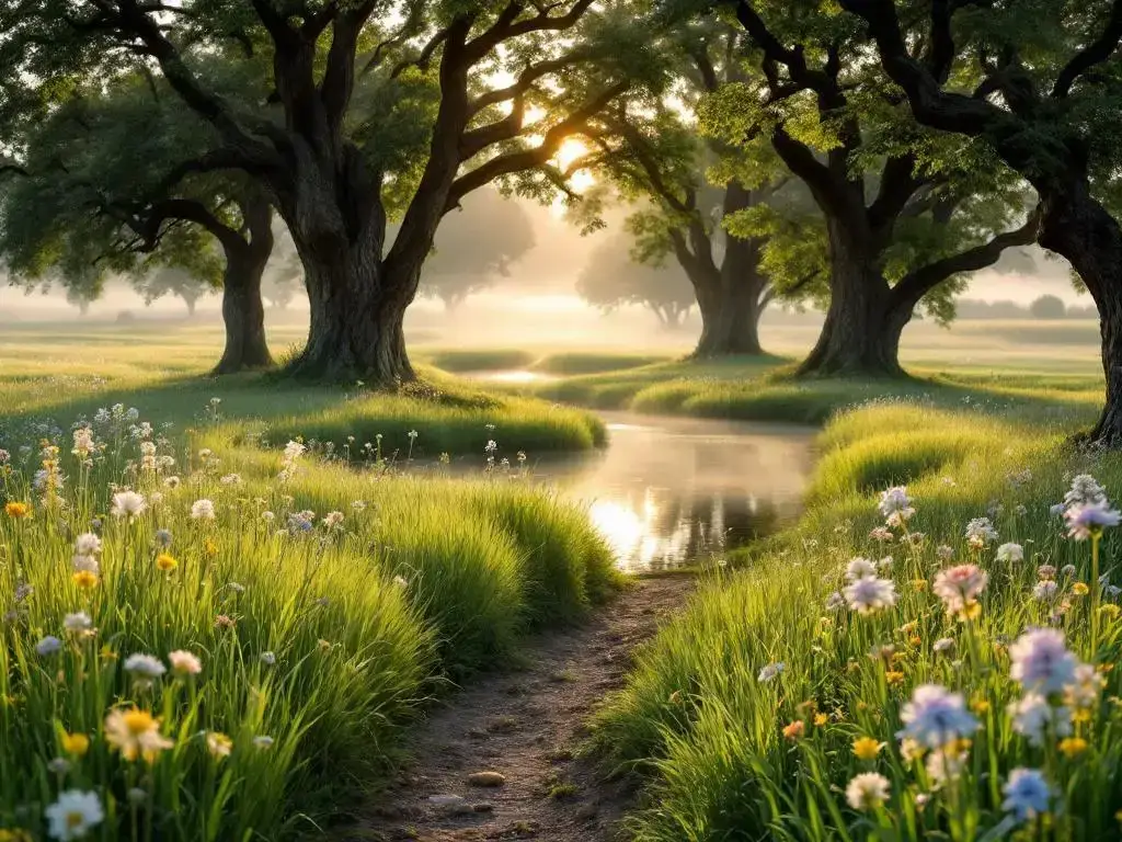 Serene Nederlandse landschap met groene weiden, wilde bloemen, eikenbomen rond vijver in zachte ochtendmist