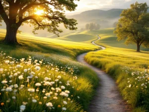 Nederlandse landschap met groene weiden, wilde bloemen en kronkelend pad naar heuvels in zachte ochtendmist