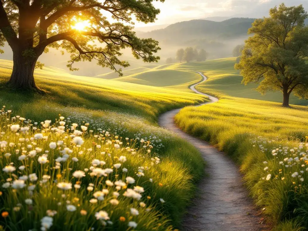 Nederlandse landschap met groene weiden, wilde bloemen en kronkelend pad naar heuvels in zachte ochtendmist