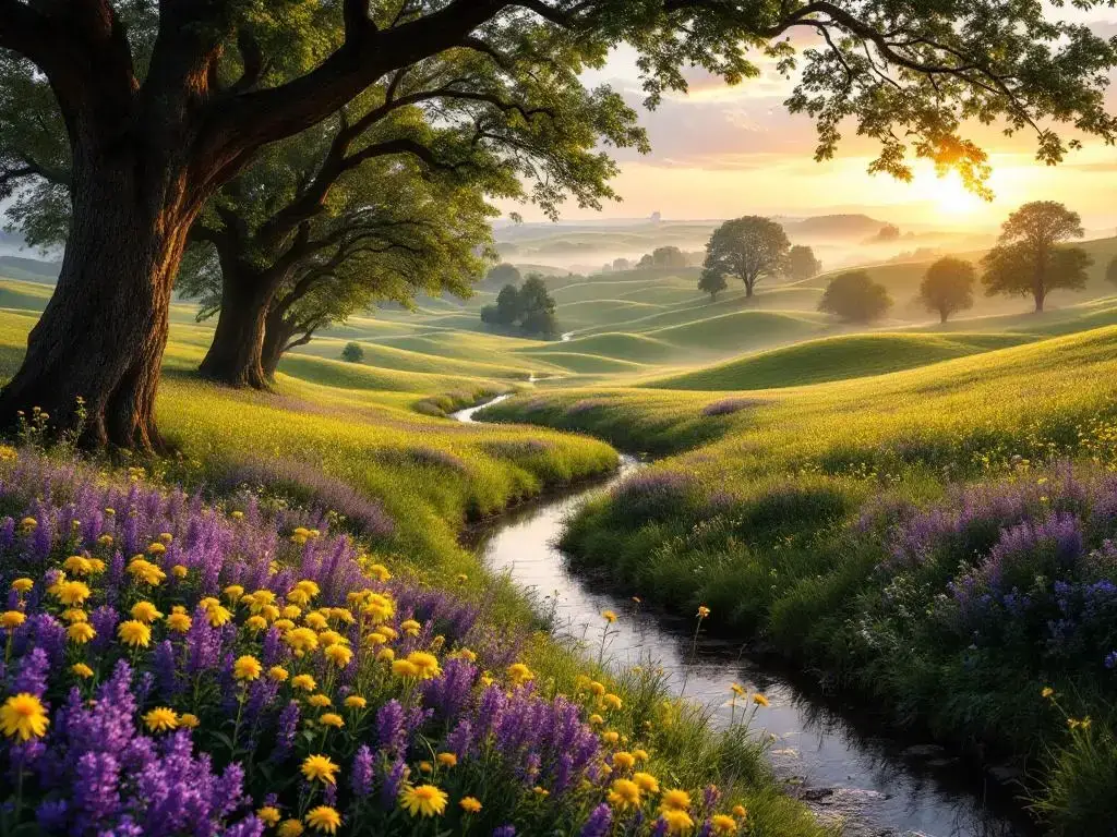 Nederlands landschap met groene weiden, wilde bloemen, eikenbomen en meanderende beek onder gouden avondlicht