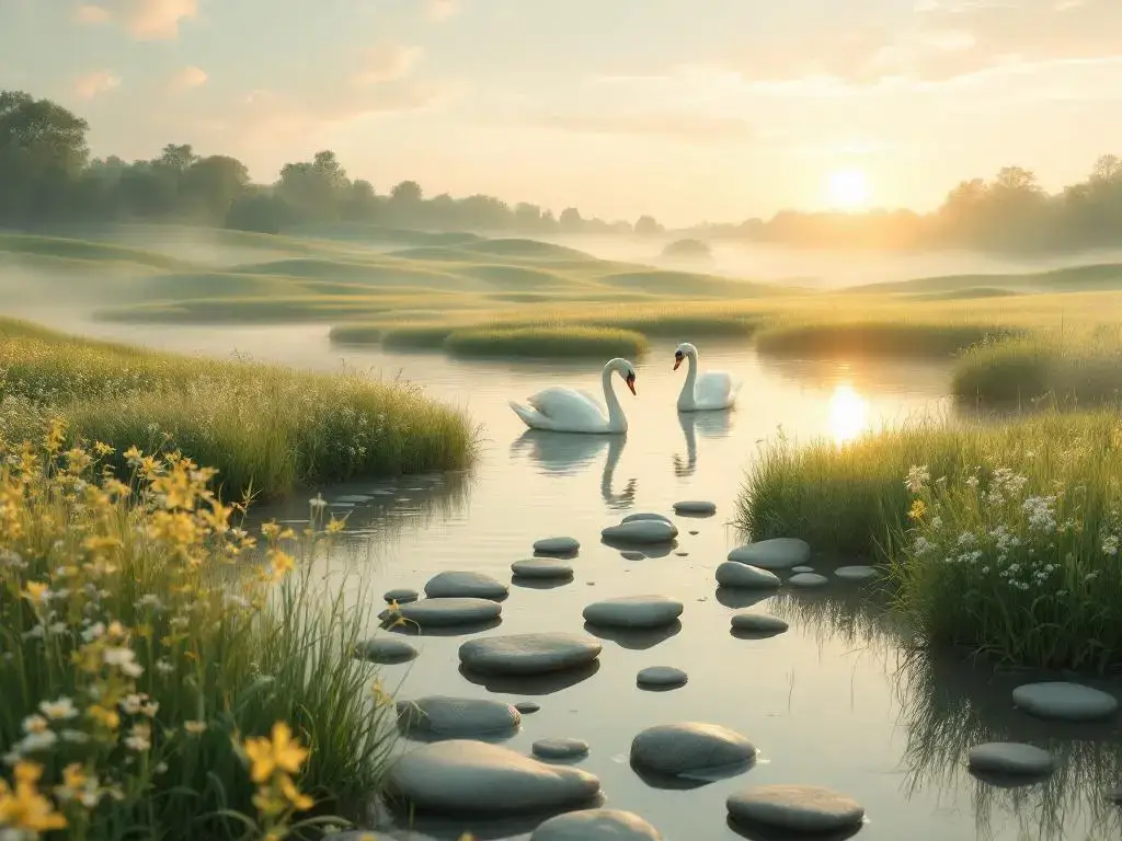 Nederlandse landschap met groene weiden, wildbloemen, zwanen op vijver bij zonsopgang met ochtendmist en stenen patroon