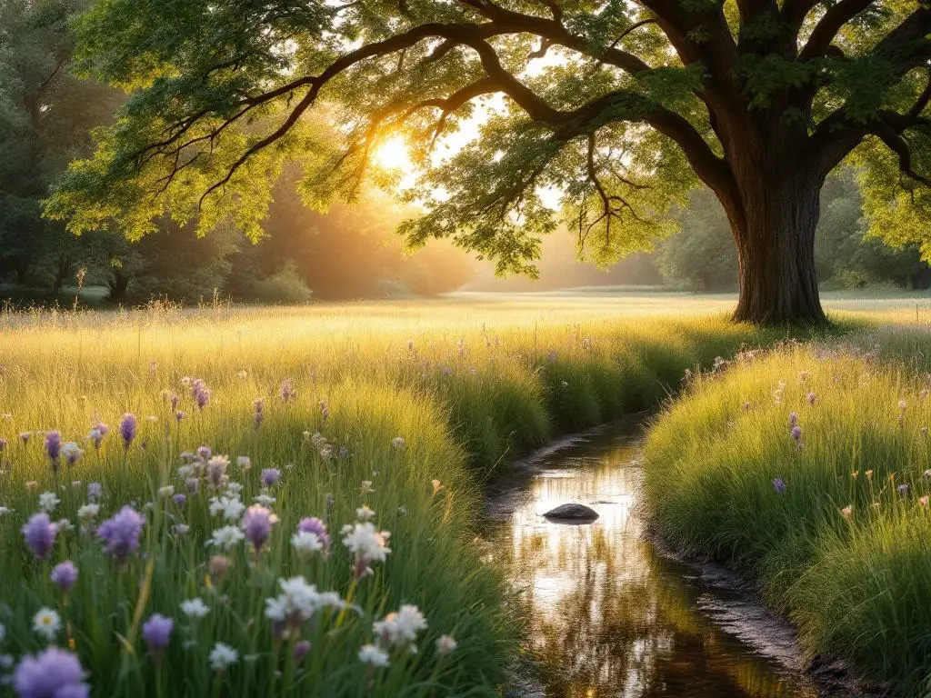 Nederlandse weide bij gouden uur met zacht golvend gras, wilde bloemen, eikenbomen en meanderende beek in warm licht
