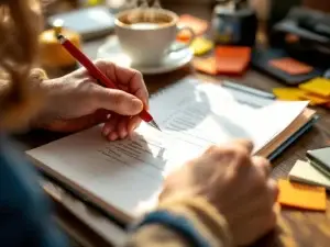 Handen schrijven urgente actieplan in notitieboek met rode pen op houten bureau met koffie en gekleurde notities