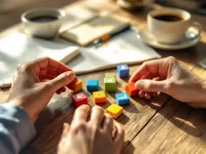 Handen rangschikken kleurrijke houten blokken met beloningssymbolen op bureau voor gedragsverandering planning