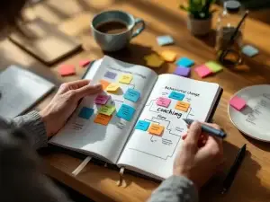 Handen houden coachingnotitieblok met gedragsverandering notities en kleurrijke sticky notes op houten bureau