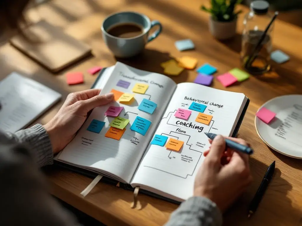 Handen houden coachingnotitieblok met gedragsverandering notities en kleurrijke sticky notes op houten bureau