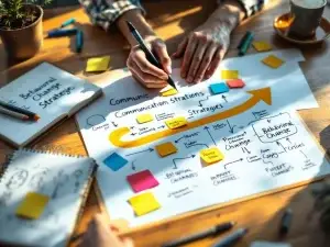 Handen schrijven communicatiestrategieën op whiteboard met gekleurde sticky notes en pijlen die gedragsverandering tonen