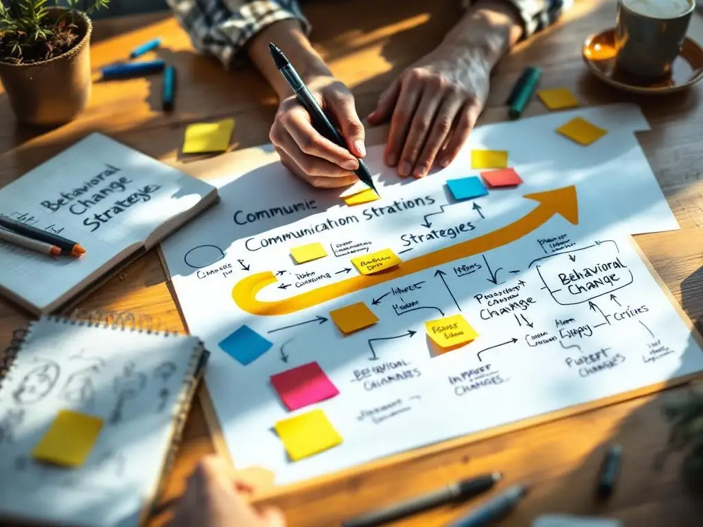Handen schrijven communicatiestrategieën op whiteboard met gekleurde sticky notes en pijlen die gedragsverandering tonen