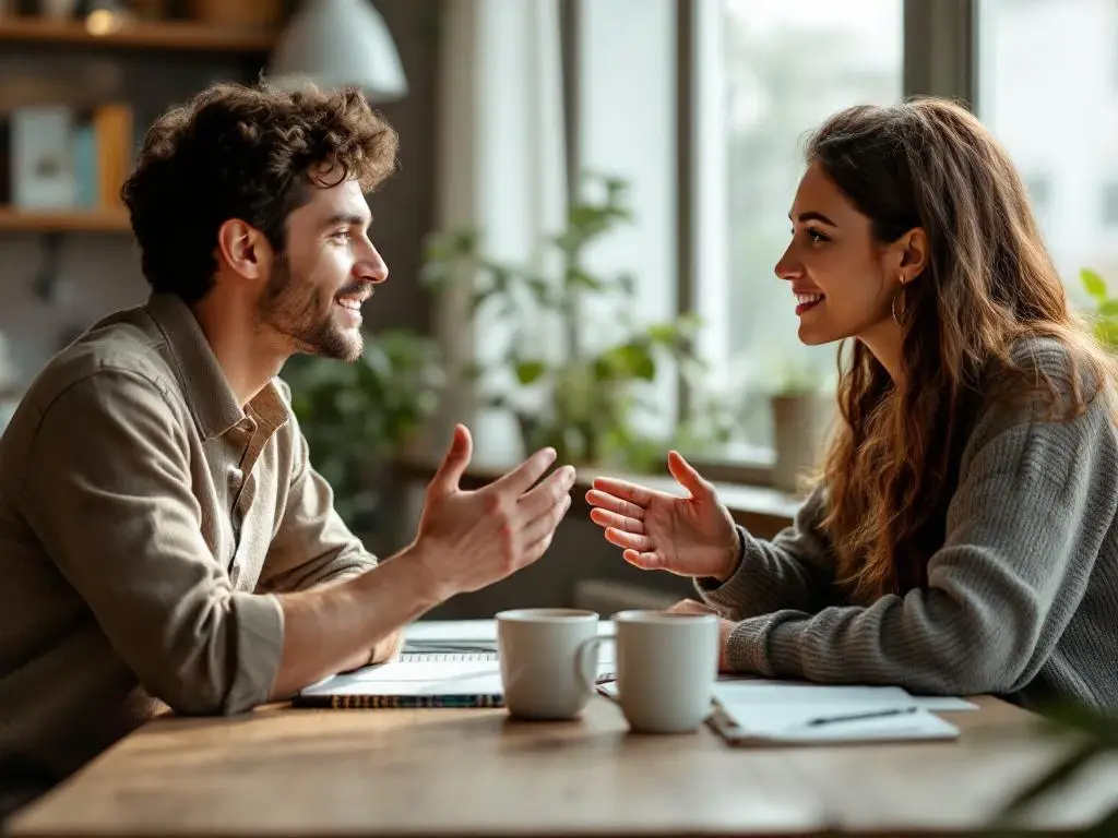 Twee mensen in gesprek aan houten tafel in moderne coworking ruimte met koffie, notebooks en planten op achtergrond
