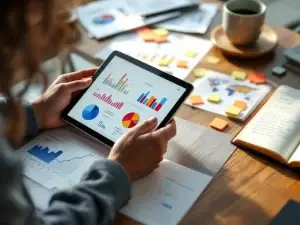 Handen analyseren kleurrijke datavisualisaties op tablet omringd door grafieken en gedragsanalyse rapporten op houten bureau