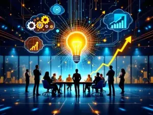 Gloeiende gloeilamp omringd door zakelijke silhouetten rond vergadertafel met innovatie-elementen in moderne kantooromgeving