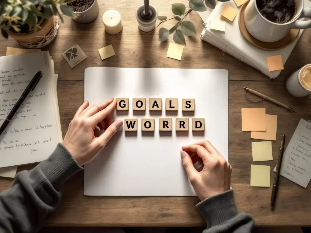 Handen plaatsen houten blokken met doelsymbolen op bureau naast notitieboek, koffie en plaknotities voor doelplanning