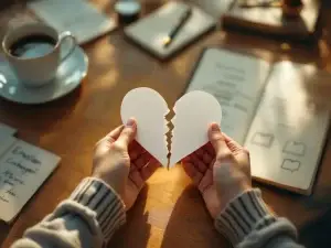 Handen die een gescheurd papieren hart met gouden draad herstellen op houten bureau met koffie en dagboek