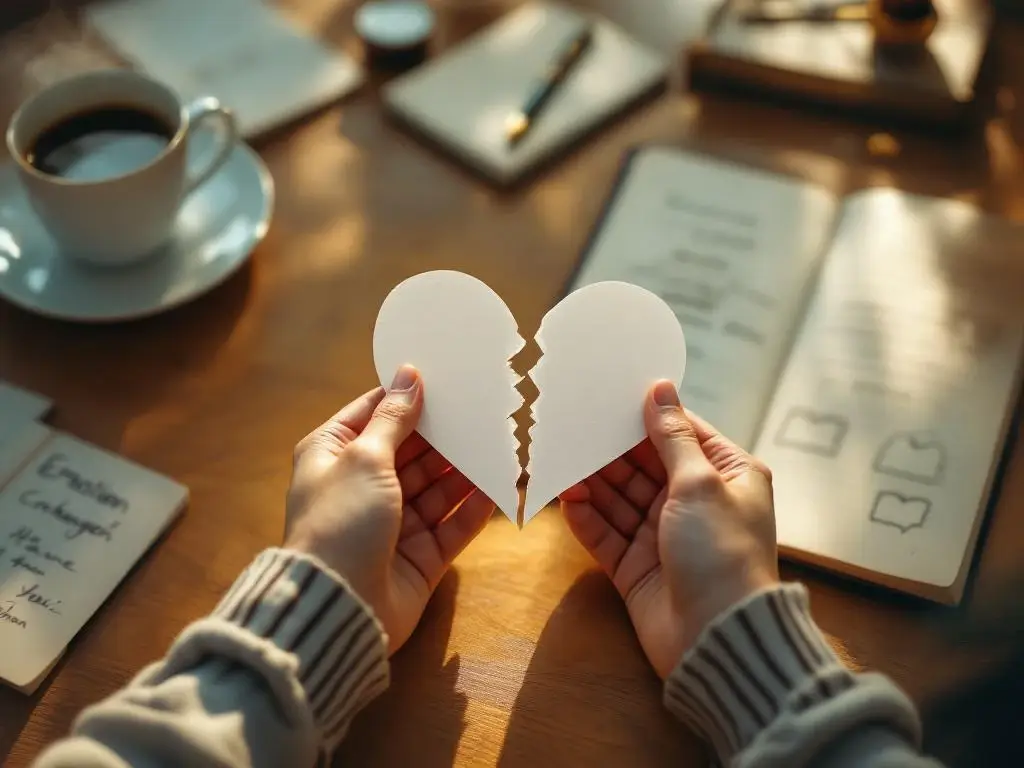Handen die een gescheurd papieren hart met gouden draad herstellen op houten bureau met koffie en dagboek