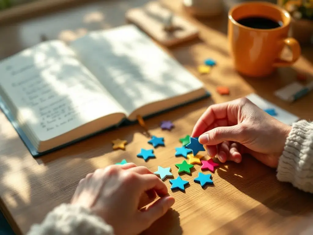 Handen plaatsen kleurrijke erkenningsbadges op houten bureau met notitieboek, koffie en gouden sterren