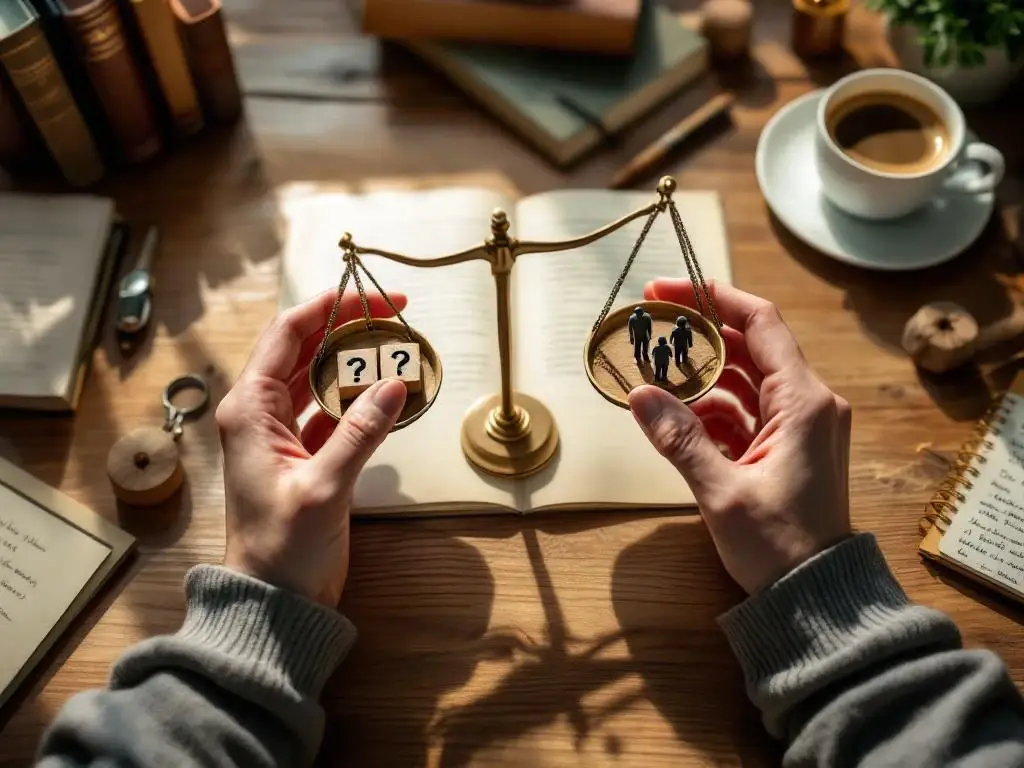 Handen houden weegschaal met houten blokken en figuren, omringd door ethiekboeken en notities op houten bureau