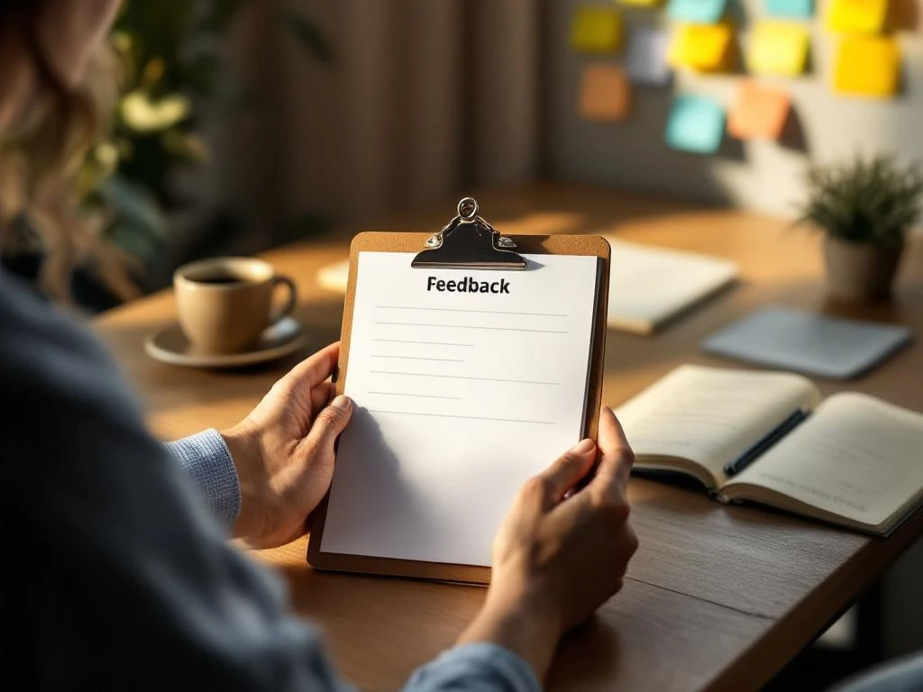 Handen houden klembord met feedbackformulieren op houten bureau met koffie en sticky notes op achtergrond