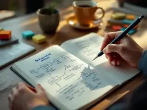 Handen schrijven gedragsanalyse notities in notitieboek met Nederlandse termen, diagrammen en pijlen op houten bureau