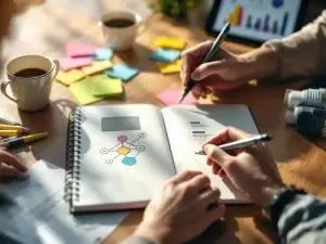 Handen schrijven gedragsobservaties in notitieboek op houten bureau met analytische tools en data-grafieken