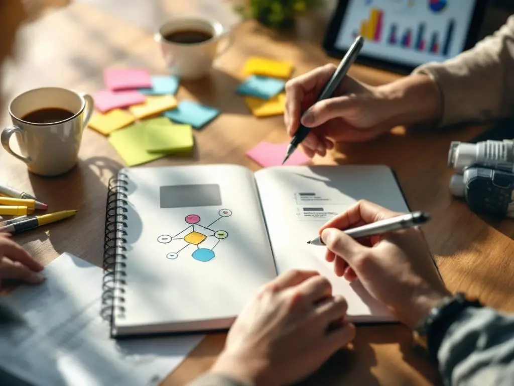 Handen schrijven gedragsobservaties in notitieboek op houten bureau met analytische tools en data-grafieken