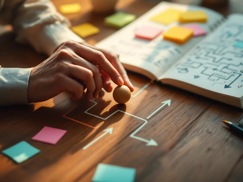 Handen die een houten bal door een doolhof leiden op een bureau met gekleurde notities en gedragsdiagrammen