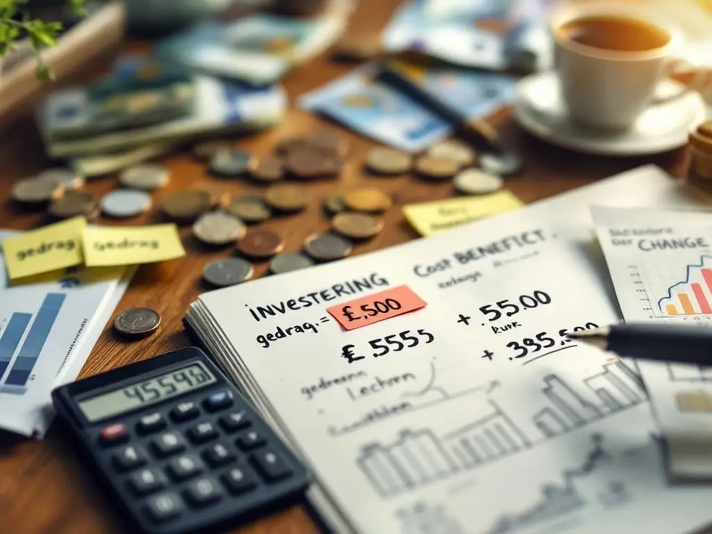 Bureau met euro munten en bankbiljetten, open notitieboek met grafieken, rekenmachine en Nederlandse sticky notes over investering