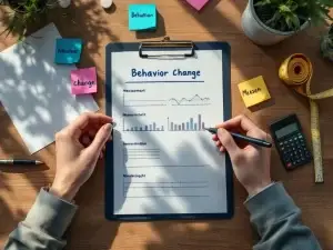 Handen houden klembord met gedragsbeoordelingsformulieren, omringd door kleurrijke notities en meettools op houten bureau