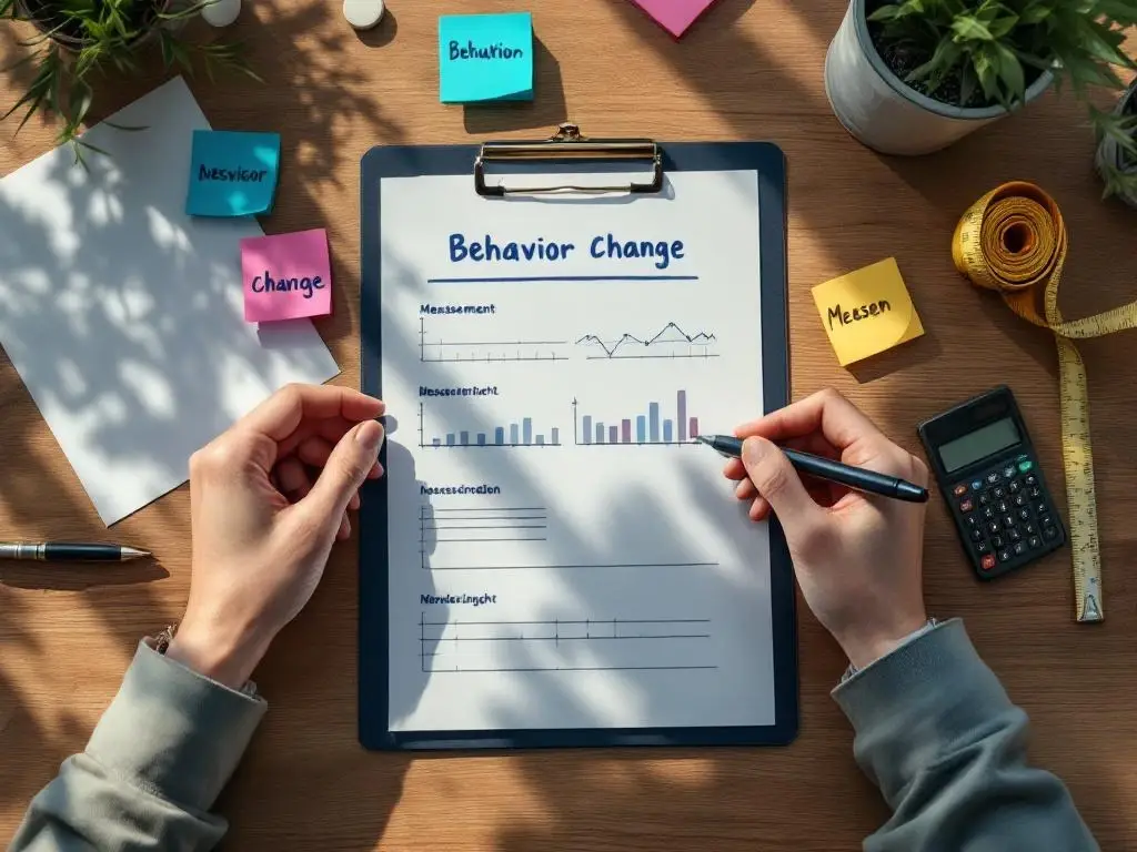 Handen houden klembord met gedragsbeoordelingsformulieren, omringd door kleurrijke notities en meettools op houten bureau