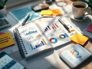 Modern werkplek met open notitieboek vol grafieken, kleurrijke sticky notes, calculator en smartphone met data visualisatie