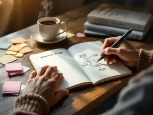 Handen schrijven gedragsverandering mindmap in notitieboek op houten bureau met koffie en coaching boeken