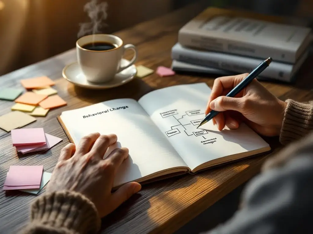 Handen schrijven gedragsverandering mindmap in notitieboek op houten bureau met koffie en coaching boeken