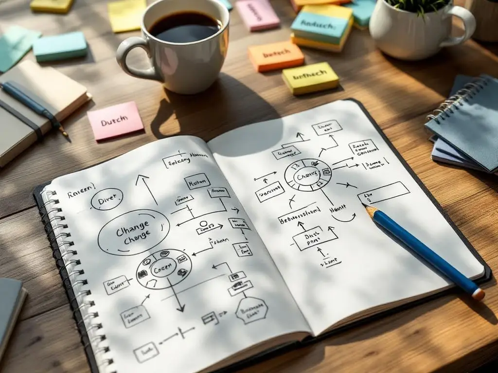 Open notitieboek met handgetekende gedragsverandering modellen, pijlen en flowcharts, omringd door gekleurde sticky notes