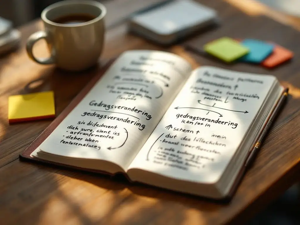 Open notitieboek met handgeschreven Nederlandse aantekeningen over gedragsverandering op houten bureau met koffie en potlood