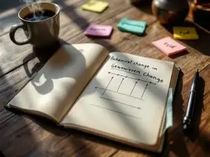 Open notitieboek met handgeschreven Nederlandse notities over gedragsverandering, omringd door koffie en gekleurde post-its op houten bureau