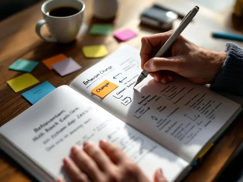 Handen schrijven in notitieboek op houten bureau met gekleurde sticky notes, koffie en pennen in warm licht
