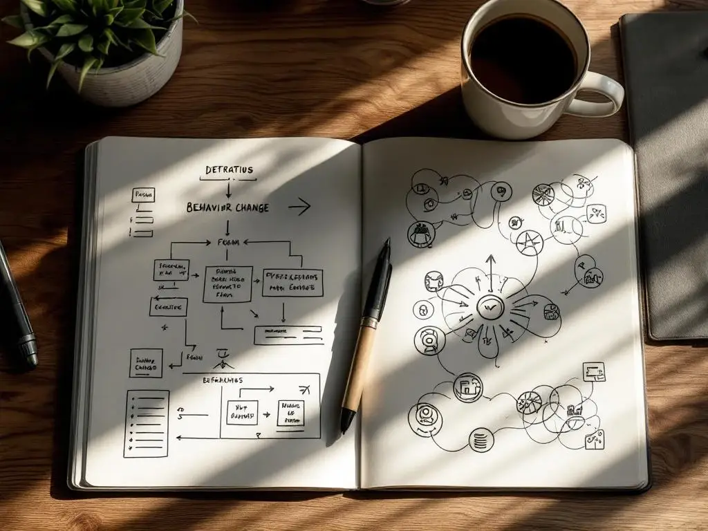 Twee open notitieboeken op houten bureau tonen gestructureerde diagrammen en organische schetsen voor gedragsverandering