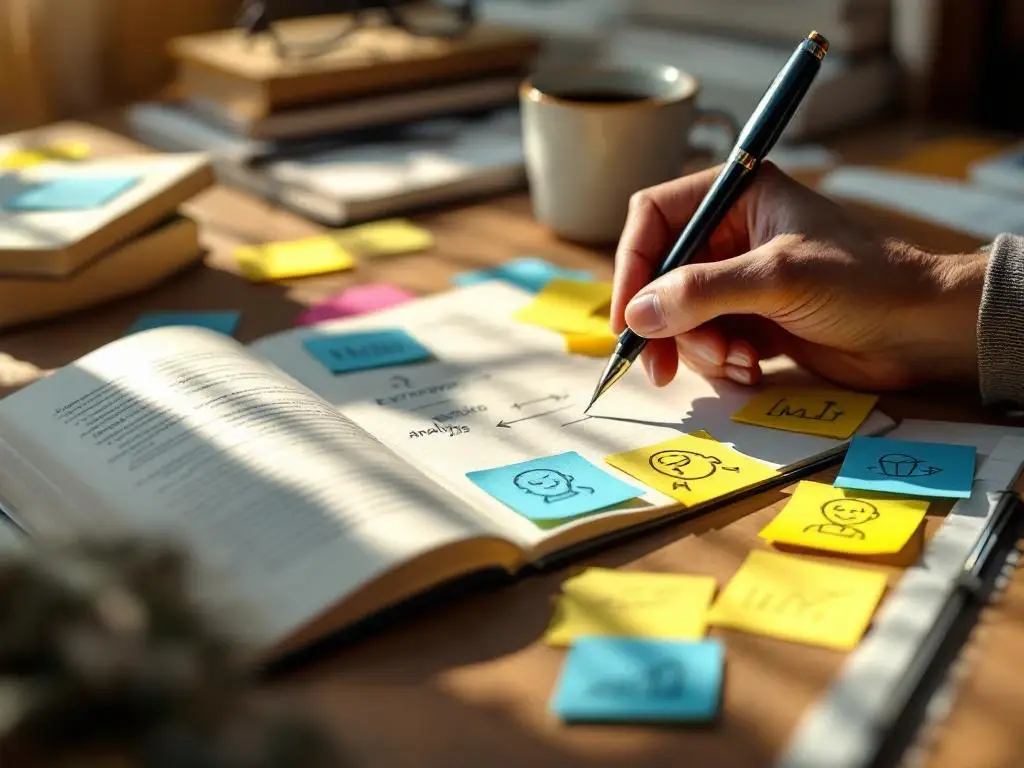 Handen schrijven in notitieboek omringd door kleurrijke sticky notes met persoonlijkheidstrekken symbolen op werkplek