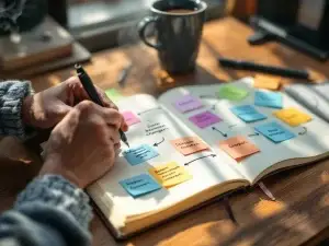 Handen schrijven in notitieboek met gekleurde sticky notes, koffie en pennen op houten bureau bij raam