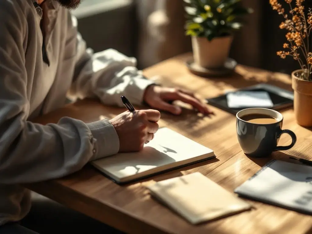 Persoon schrijft nadenkend in notitieboek aan houten bureau met koffie, zachte verlichting benadrukt reflectief moment