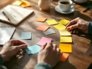 Handen die kleurrijke sticky notes op houten bureau rangschikken van grijs naar geel-oranje, met notebook en koffie