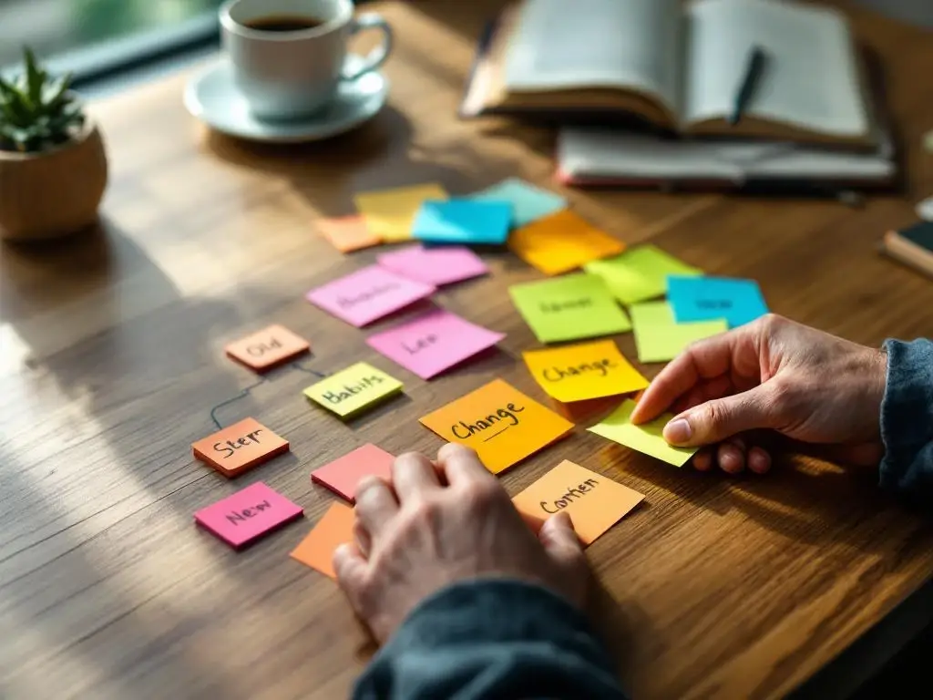 Handen rangschikken kleurrijke sticky notes op houten bureau om gedragsverandering flowchart te maken met koffie op achtergrond